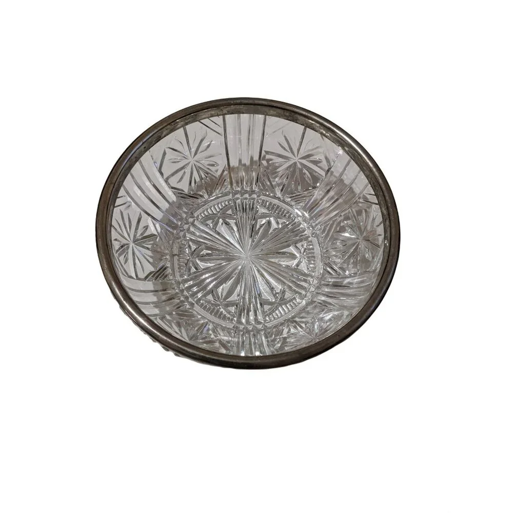 Pressed Glass Bowl With Silver-Plated Rim Starburst Pattern Vintage Elegant Deco
